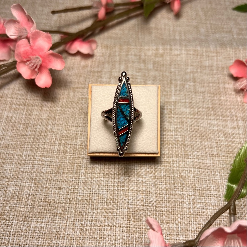 SZ 7 | Vintage Navajo Long Silver and Turquoise Southwestern Chip Inlay Ring